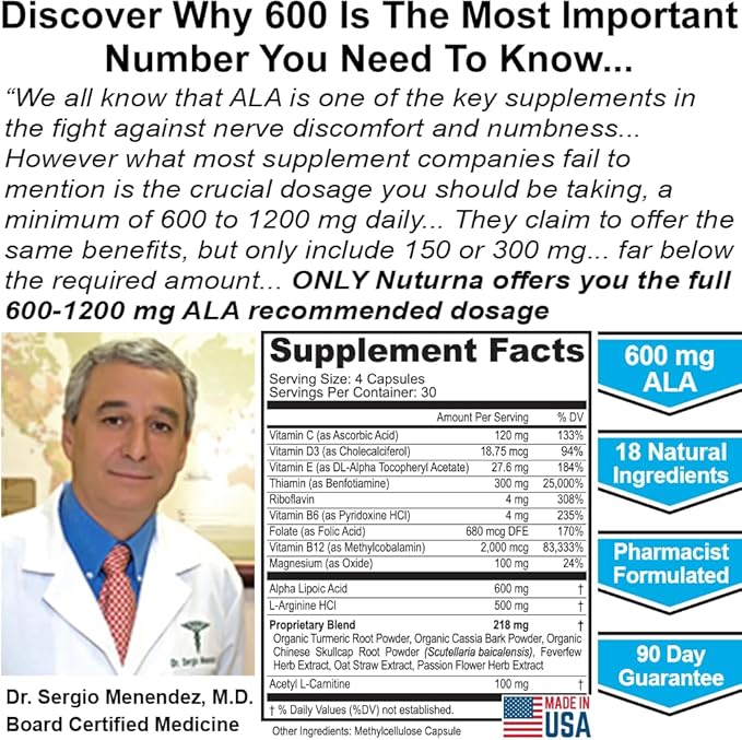 Neuropathy Nerve Support Supplement with 600 mg Pure Alpha Lipoic Acid - Maximum Strength Formula for Fingers Hands Toes &amp Feet - 120 Capsules