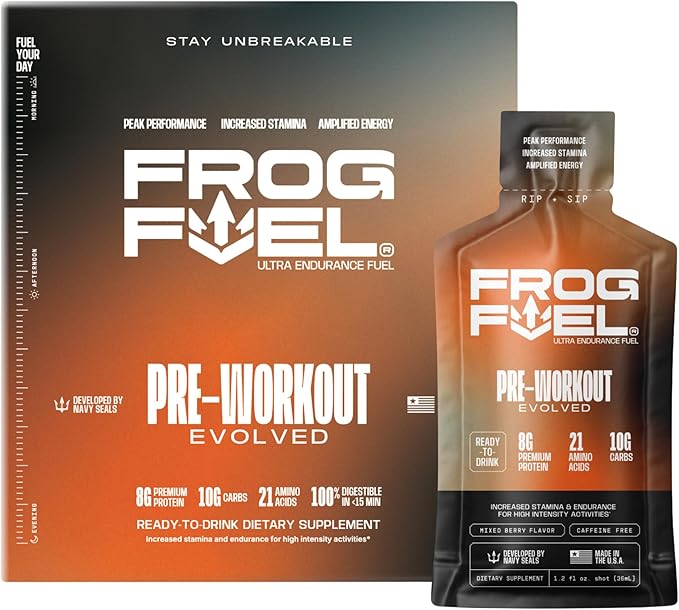 Frog Fuel Power Regular Protein &amp Ultra Pre Workout Shot Bundle 1500mg Beta Alanine 15g Protein Nano-Hydrolyzed Grass Fed Collagen Pre &amp Post Workout 1.2 oz Packets 48 Pack