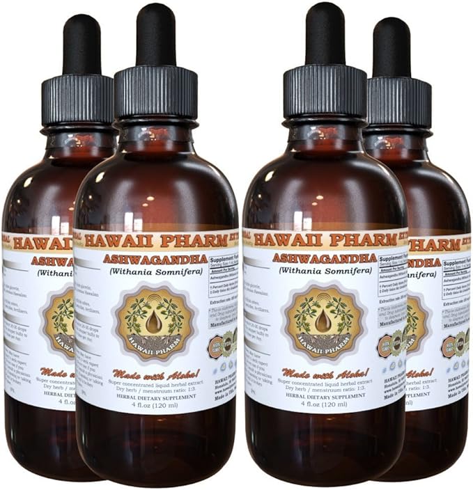 Hawaii Pharm Ashwagandha Liquid Extract Ashwagandha (Withania Somnifera) Dried Root Tincture 4x4 oz