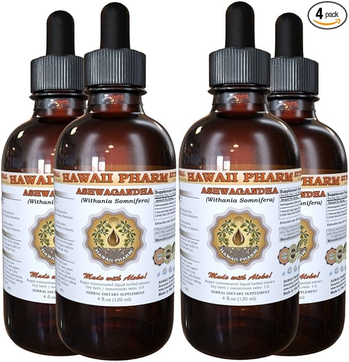 Hawaii Pharm Ashwagandha Liquid Extract Ashwagandha (Withania Somnifera) Dried Root Tincture Supplement 4x4 oz