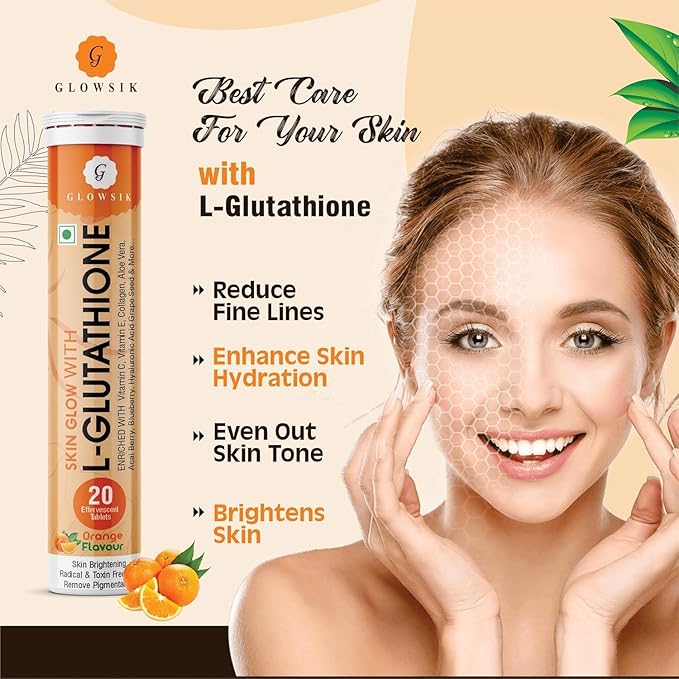 Glowsik Glutathione Effervescent Tablets for Skin Health 600mg Glutathione Reduced with Vitamin C for Lightening Antioxidants Supplements for Glowing Skin Health Orange Flavour (4 Orange)