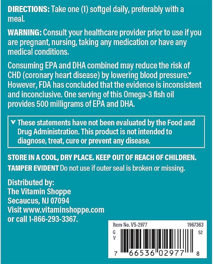 The Vitamin Shoppe Brand Omega 3 Fish Oil 1000 mg Softgels 300 mg EPA &amp 200 mg DHA Unflavored Fish Oil Supplement for Men &amp Women Gluten Free Soy &amp Dairy Free 240 Softgels
