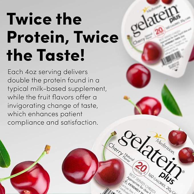 Gelatein Plus Cherry: 20 grams of protein. Ideal for clear liquid diets swallowing difficulties dialysis and oncology. Great pre or post-workout snack. (12 pack)