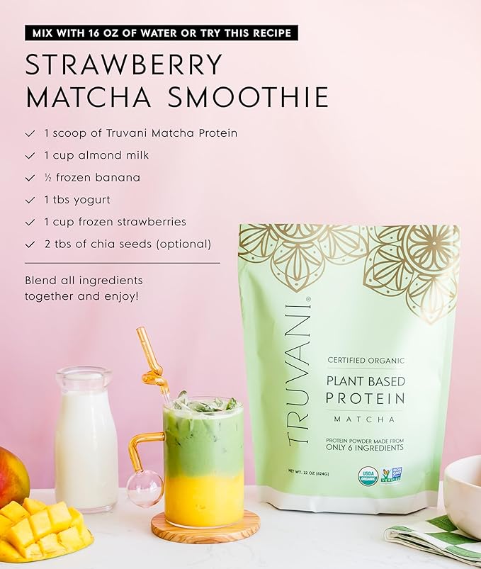 Truvani Vegan Pea Protein Powder | Matcha | 20g Organic Plant Based Protein | Single Serving Travel Packets | 10 Servings | Keto | Gluten &amp Dairy Free | Low Carb | No Added Sugar