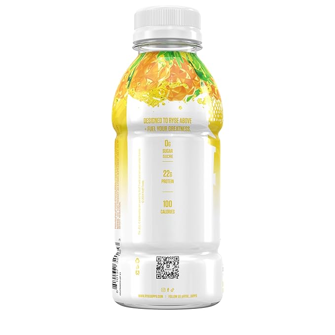 RYSE Clear Protein Drink - Jell-O Island Pineapple - 100 Calories 22g Whey Isolate Protein Shake Sugar-Free 0g Fat &amp Lactose-Free - Refreshing Ready-to-Drink Beverage - 16.9 fl oz Bottles (12-P