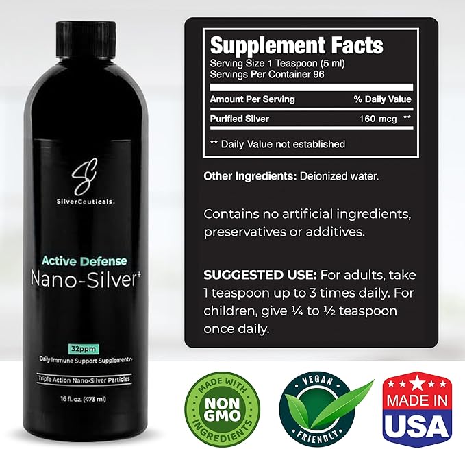 Colloidal Silver w/Nano Technology - 32ppm 16oz - 8X More Effective - Natural Immune Support - Save The Sick Days - Ages 5 &amp Up - Outperforms Higher PPM Silvers - No Taste &amp Smell - 3rd Party