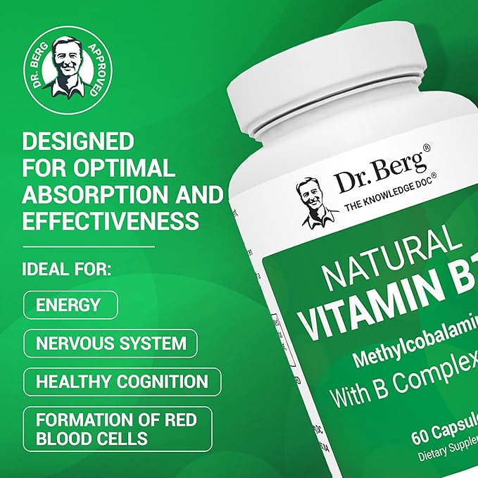 Dr. Berg Natural Vitamin B12 1000 mcg with B Complex Blend - Methylcobalamin B12 for Energy Nerve Health and Cognitive Function* - Methylated B12 with Folate - 60 Capsules (2-Month Supply)
