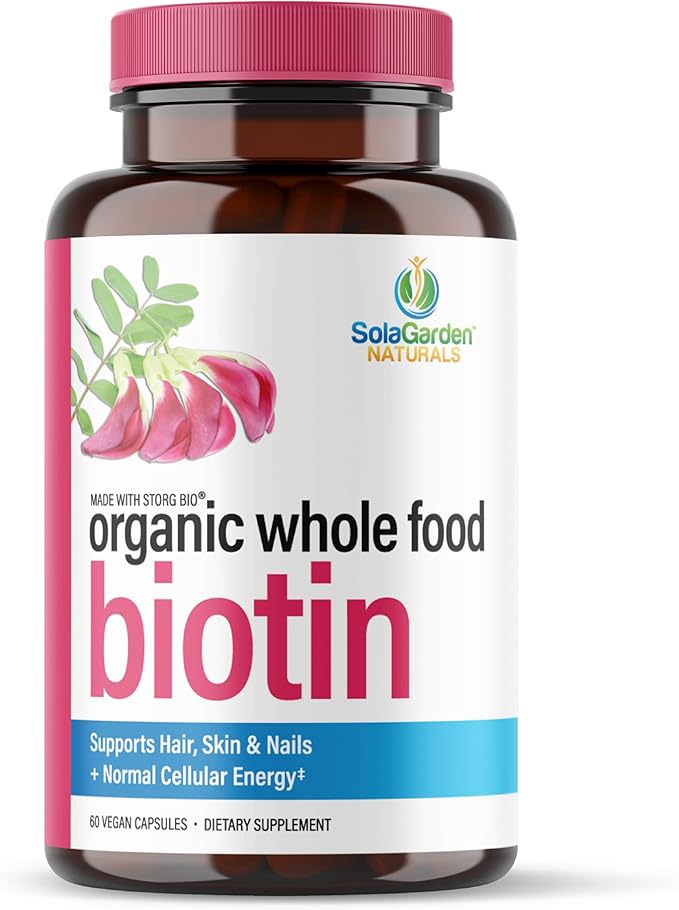 Whole Food Biotin Supplement - Contains Certified Organic Plant Based Biotin from Sesbania Agati Trees - by SolaGarden Naturals. May Support Hair Skin and Nails. 60 Non GMO Veggie Capsules.