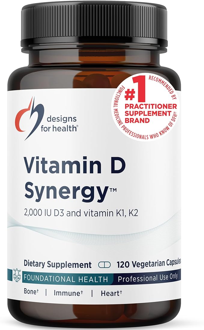 Designs for Health Vitamin D Synergy - 2000 IU Vitamin D with K Supplement - Supports Healthy Moods Bone Health + Immune Health for Adults - VIT D3 + Vitamin K - Gluten Free + Non-GMO (120 Capsules)