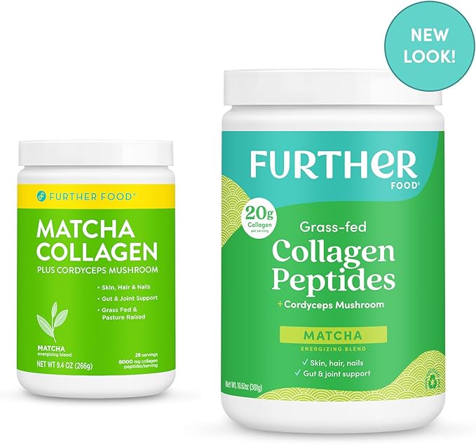Further Food Matcha Collagen Peptides Powder - Organic Matcha &amp Cordyceps for All Day Energy Mental Clarity &amp Immunity &amp Premium for Gut Health Joints Skin Hair &amp Nails 10.62 oz