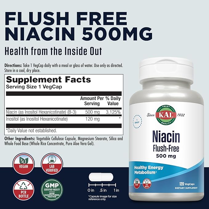 KAL Niacin Flush-Free Capsules 500 Mg 120 Count