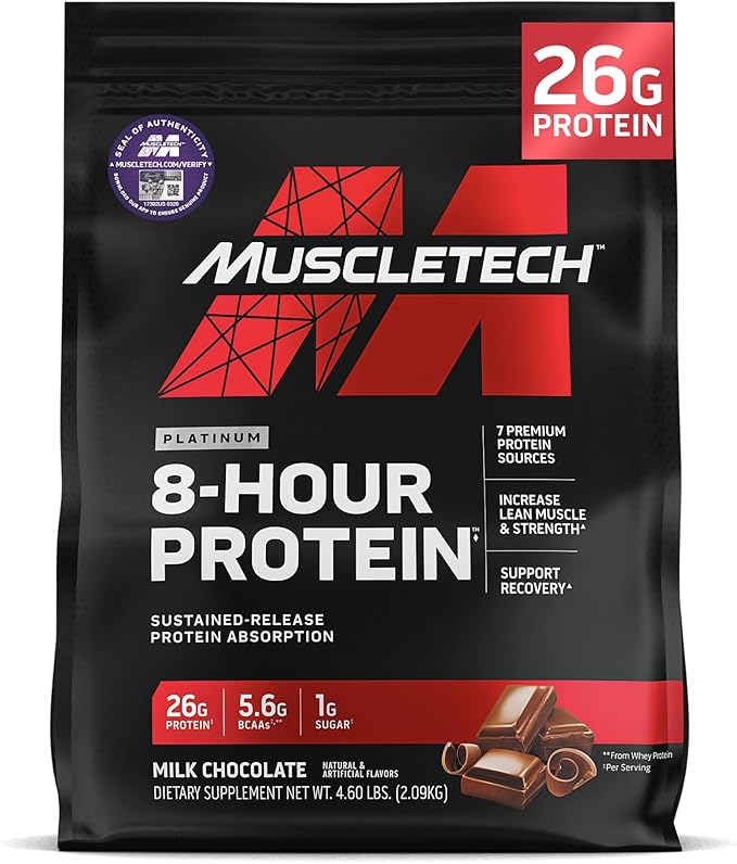 MuscleTech Platinum 8-Hour Protein Powder - 7 Premium Protein Sources with Whey &amp Casein Protein for Increased Lean Muscle Strength &amp Improved Recovery - Milk Chocolate 50 Servings