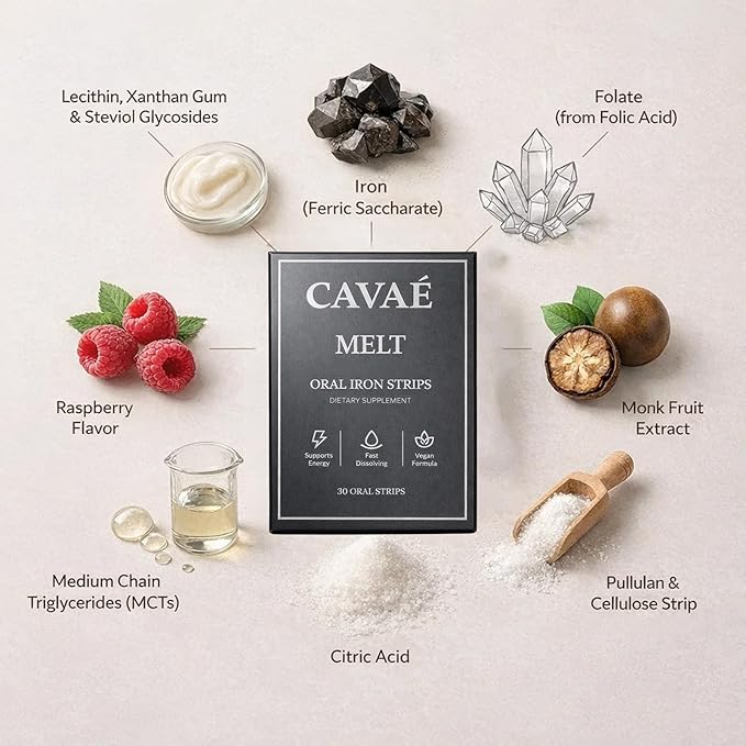 Cavae Iron Melts with 19mg Ferric Saccharate Folate Citric Acid Monk Fruit Naturally Enhances Iron Absorption Gut Health Boost EnergyZero Sugar Raspberry Flavor 30 Oral Strips (1)