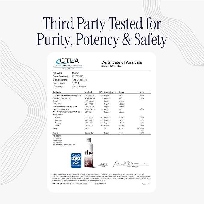 Rho Nutrition Liposomal Methylfolate 5-MTHF + B12 Complex – Ultra High Absorption Bioactive Liquid Methylated Folate &amp B12 – Supports Methylation Energy Production Mood &amp Cellular Health