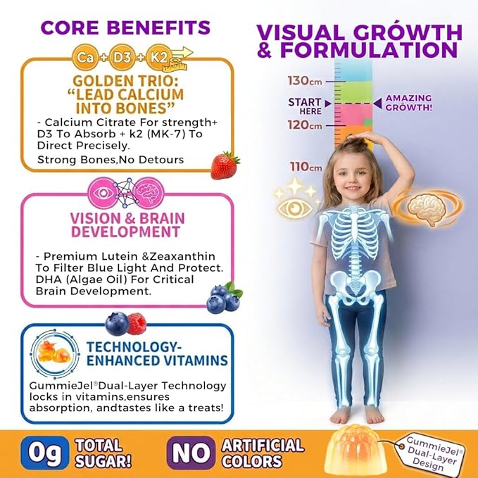 Sugar Free Kids Calcium Gummies (Ages 4-12) - 300mg Calcium Citrate w/Vitamin D3 K2 Magnesium - Algae DHA Lutein &amp Zeaxanthin for Strong Bones Eye &amp Brain Support - Gelatin Free - 60 Gummies