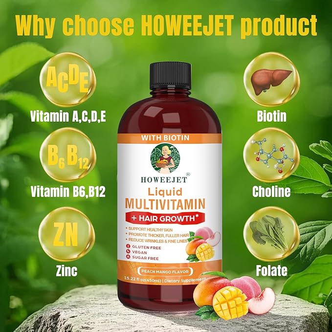 Liquid Multivitamin for Hair Growth &amp Hair Formula Bundle | Healthy Hair Habits | Clinically Tested for Thicker Hair &amp Skin Elasticity for Women | Peach Mango Flavor &amp Blueberry Pomegranat