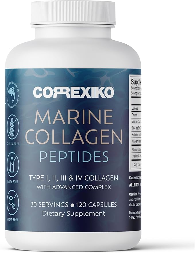 CORREXIKO Marine Collagen Supplement Pills - 1800mg Hydrolyzed Collagen Peptides per Serving with Added Hyaluronic Acid Vitamin C &amp Minerals - for Hair Skin &amp Nails - 120 Capsules 30 Day Sup