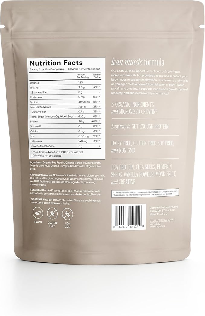 Happy Aging Protein Powder for Women 20g Organic Pea &amp Pumpkin Seed Protein 5g Creatine Monk Fruit Sweetened Organic Cocoa &amp Chia Vegan Plant Based Protein