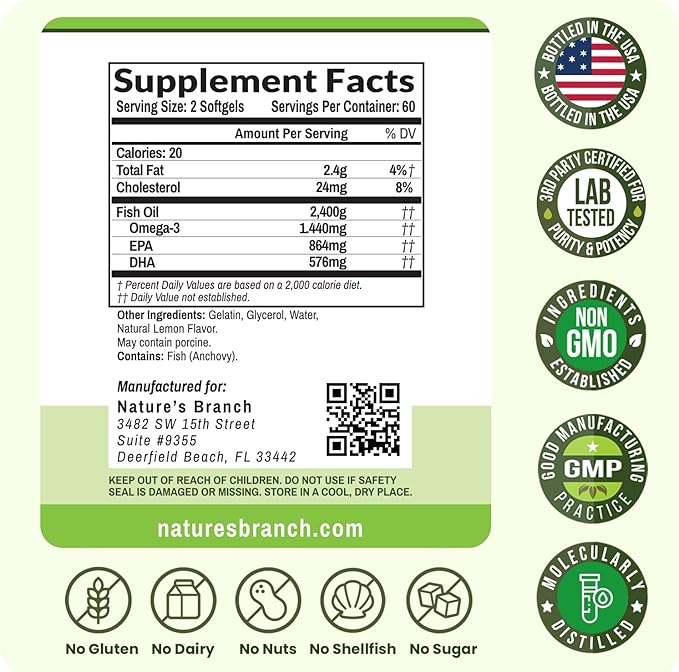 Triple Strength Omega 3 Fish Oil Supplements 2400mg | 120 Capsules Burpless High Potency Lemon Flavor High EPA DHA for Men &amp Women Ultra Pure Softgels | Joint Support Eyes Heart Brain Health P