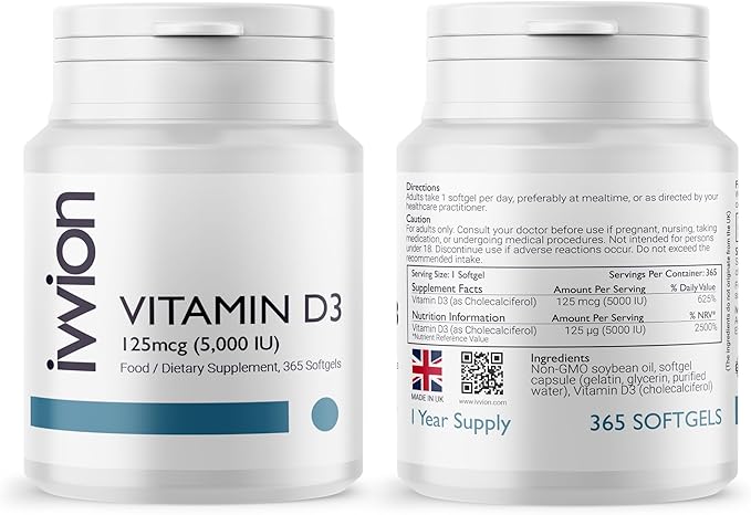 Preservative-Free Vitamin D3 5000 IU (125 µg) Softgels 1 Year Supply – High Strength Cholecalciferol | Gluten Free Non-GMO | Supports Immune System Bones Teeth &amp Muscles | UK Made 365 Count