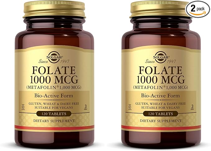 Solgar Folate 1000 mcg 120 Tablets - 1000 mcg Bio-Active Metafolin - Vegan Gluten Free Dairy Free Kosher - 120 Servings(Pack of 2)