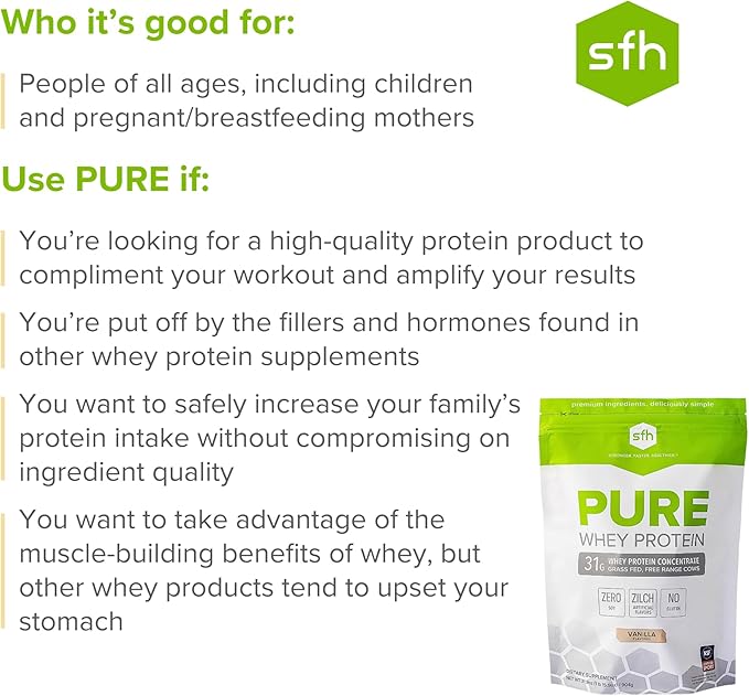 SFH Pure Whey Protein Powder (Vanilla) Best Tastin Grass Fed Whey | All Natural | Non-GMO No Artificials Soy Free Gluten Free | (Vanilla 31.9 Ounce (Pack of 1)