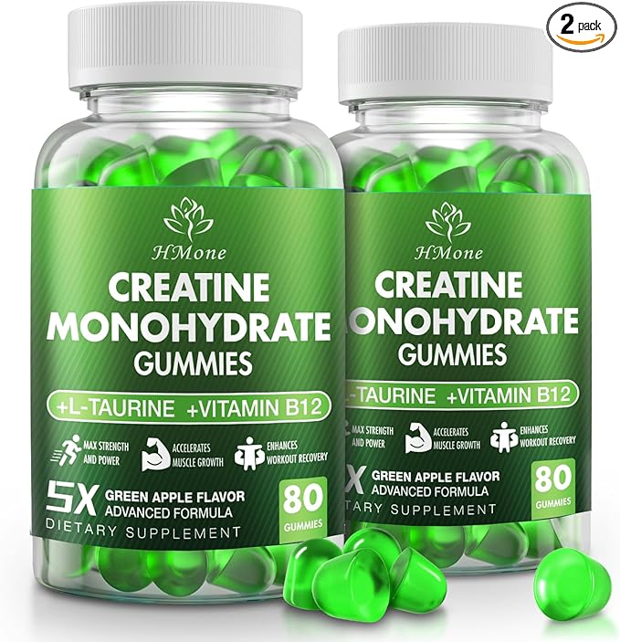 Creatine Monohydrate Gummies - 5g for Men &amp Women 160 Count and Creatine Chewable Supplements for Muscle Gain Muscle Strength Green Apple Flaavor