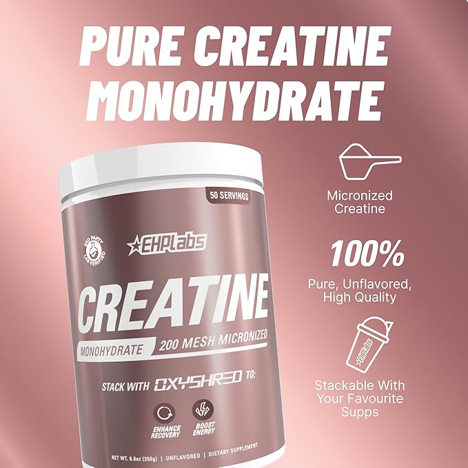 EHP Labs CREA-8 Creatine Monohydrate Powder - Unflavored Creatine Powder for Muscle Growth Increased Strength Enhanced Energy Output and Improved Performance - 50 Servings (250g)