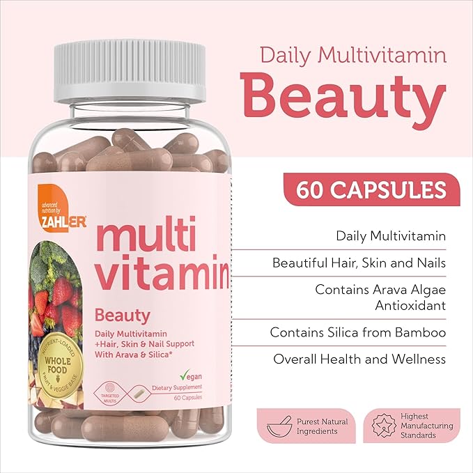 Zahler Multivitamin Beauty + Skin Hair and Nails Support Multivitamin for Women and Men with Iron Certified Kosher 60 Capsules
