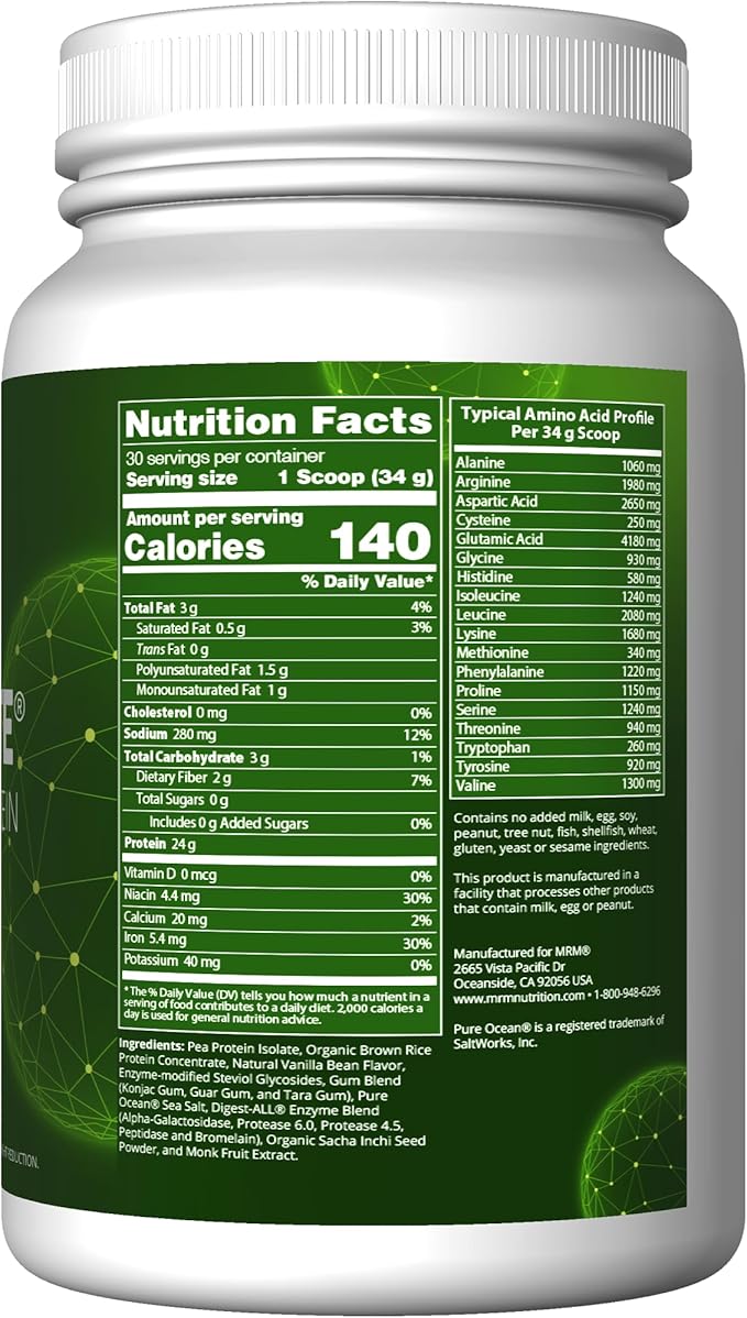 MRM Veggie Elite Performance Protein - Vanilla Bean Plant-Based Powder 24g Protein per Serving with BCAAs &amp Digestive Enzymes Clinically Tested - Vegan Gluten-Free - 30 Servings