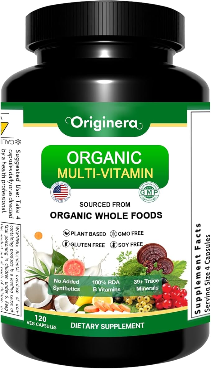 Organic Whole Foods Supplement Multi-Vitamin: Immune Brain &amp Heart Support | with Prebiotics and Postbiotics | Vegan Capsules for Men &amp Women. Gluten &amp Soy Free - 120 Plant-Sourced Capsu