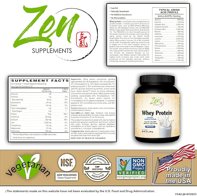 Zen Supplements - Organic Grass Fed Whey Protein 19g Per Serving Keto Friendly - Vanilla 32 Oz-Powder