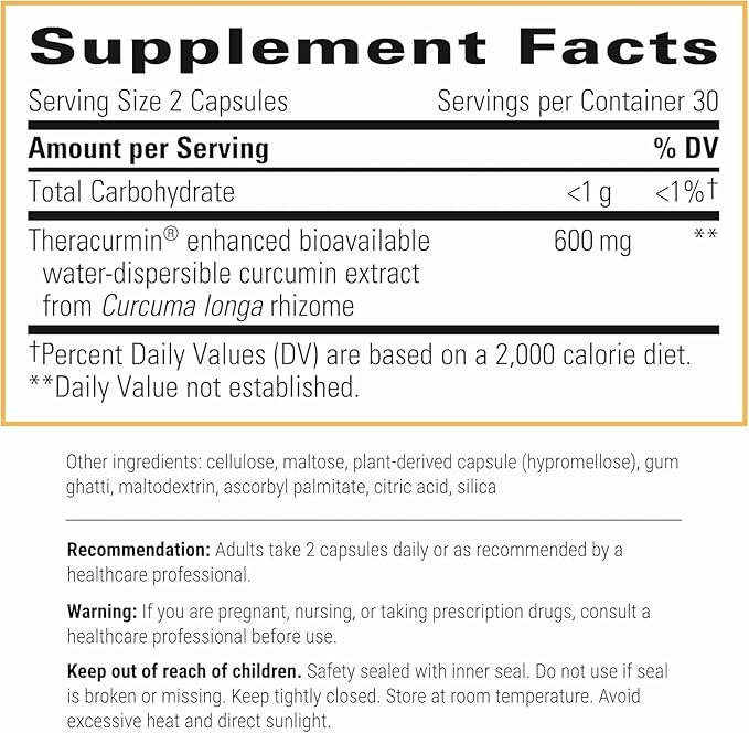 Integrative Therapeutics Theracurmin HP - Heart &amp Joint Health Support* - Muscle Recovery Support* - 27x More Bioavailable Than Standard Curcumin Extract - 60 Capsules (30 Servings)