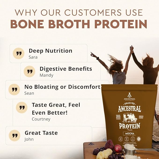 Ancestral Supplements Grass Fed Protein Powder Mocha Coffee Bone Broth Protein + Beef Organs + Organic Mushrooms w/ 160mg Naturally Occurring Caffeine 20g Protein Gut Health Support 30 Servings