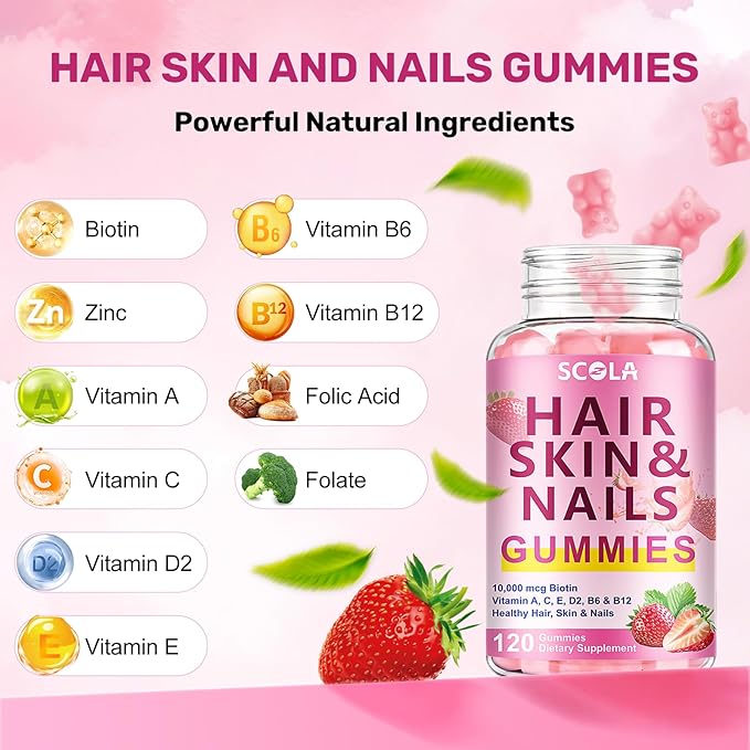 SCOLA Hair Skin and Nails Gummies Biotin (10000mcg) Hair Skin and Nails Vitamins Supplement for Women Men Supports Faster Hair Growth Stronger Nails Healthy Skin 240 Count