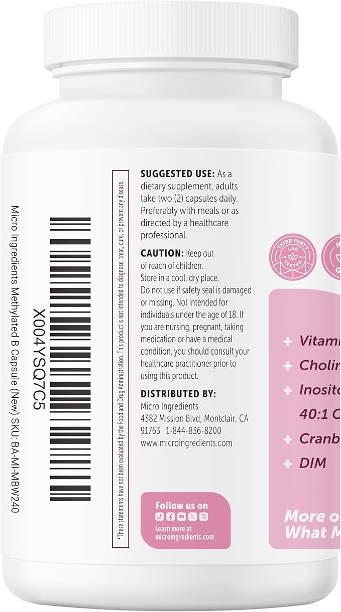 Micro Ingredients Methylated B Complex for Women 240 Vegetarian Capsules | Activated B Vitamins with Methylfolate Methyl B12 DIM &amp Inositol Complex | 14-in-1 Bioactive B Vitamin Formula