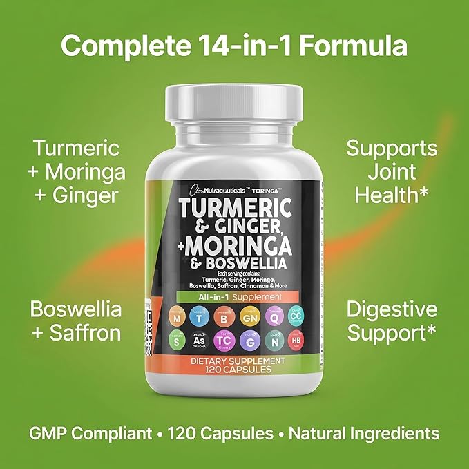 Clean Nutraceuticals Turmeric Moringa Supplement | Ginger Boswellia Saffron - Supplement for Women and Men with Ceylon Cinnamon Tart Cherry Quercetin Garlic Nettle Holy Basil - 1Pack