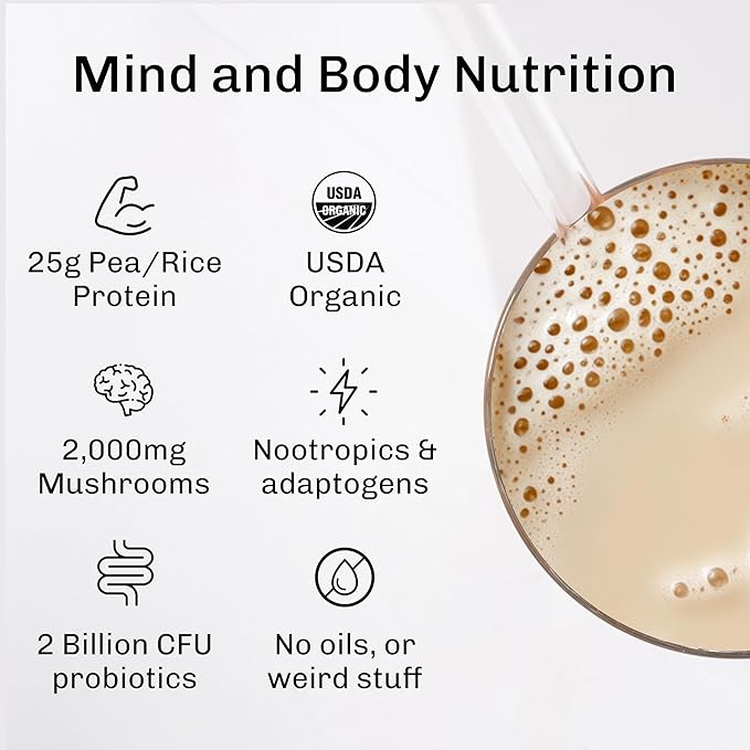 MUDWTR Nourish | Vanilla Mushroom Protein Powder | 2000mg Adaptogenic Mushrooms | Vegan Protein Powder | USDA Organic | Focus Mood &amp Digestion Support | Vanilla Lion's Mane Bacopa | 15 Serving