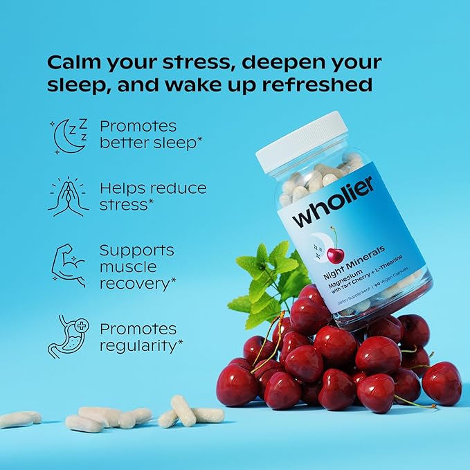 wholier Magnesium Glycinate L-Theanine Tart Cherry Juice. Natural Support for Sleep Stress + Relaxation. Melatonin-Free. Night Minerals. (60 Vegan Capsules) Glass Bottle