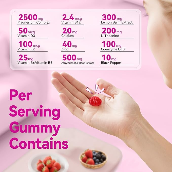 21 in 1 Magnesium Glycinate Gummy for Women with D3 K2 B6 B12 L-Theanine &amp Ashwagandha 2500mg Magnesium Complex Sleep Support Vegan Non-GMOThird-Party Tested (60-Day Supply)