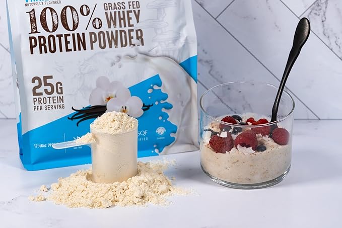 WILD SOCIETY - Premium 100% Grass Fed Whey Protein Powder + Superfood Mushrooms &amp Adaptogens - 25g Protein Clean Protein Powder 0 Added Sugar Non GMO Gluten Free - Vanilla Bean 17.5 oz
