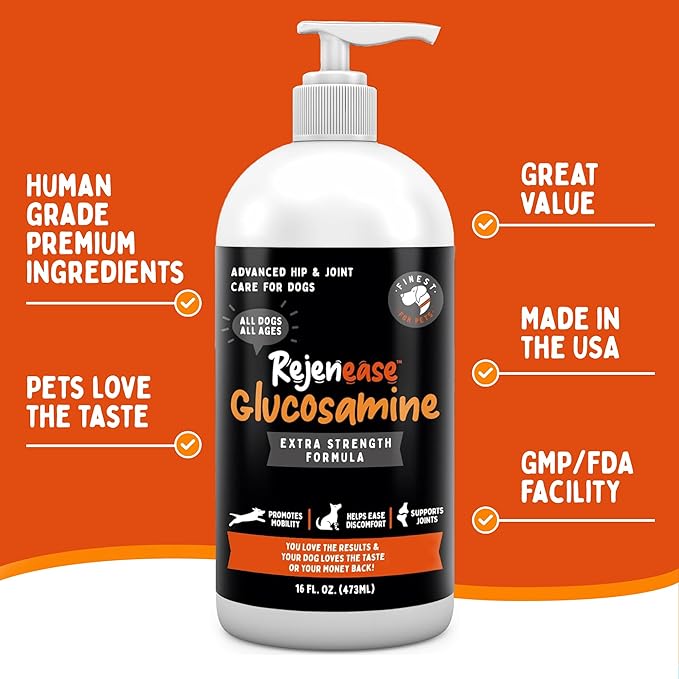 Liquid Glucosamine for Dogs with Chondroitin MSM &amp Hyaluronic Acid (16oz). Hip &amp Joint Supplement Supports Better Mobility &amp Promotes New Cartilage. Eases Joint Stiffness. Rejenease Made