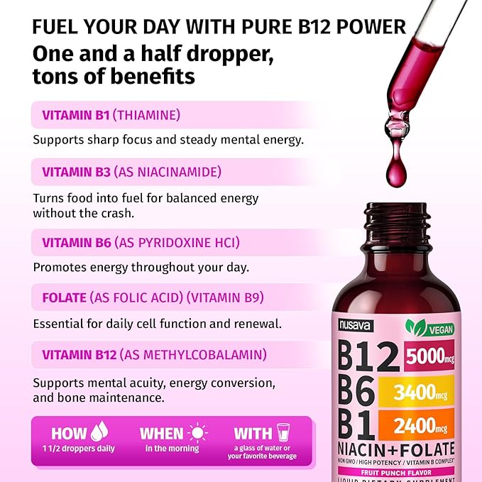 (2 Pack) Vitamin B12 and B6 Liquid Drops B12 Sublingual Vitamin B Complex - B 12 Vitamin 5000mcg - B12 Methylcobalamin for Energy Brain and Heart Support with 27200 mcg Fruit Punch 80 Servings