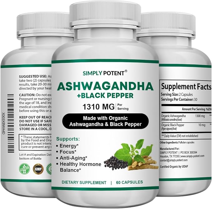 Simply Potent Ashwagandha Capsules Organic Ashwagandha Supplement with Black Pepper High Absorption Ashwagandha Root Pills 650 mg Ashwagandha Extract for Stress Immune Energy &amp Mood Support 60