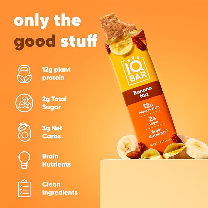 IQBAR Clean Plant Protein Bars - Banana Nut - 12 Count - Keto Vegan High Fiber Gluten and Dairy Free Low Sugar Snack - Brain and Body Nutrients for Focus Energy Meal Replacement
