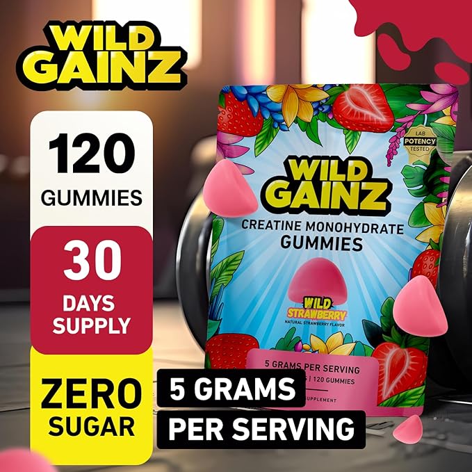 Creatine Monohydrate Gummies Sugar Free 5g - Made in USA - Pre Workout Creatine Chews for Women &amp Men Creatine Gummy Candy Chewable Nutritional Supplements NSF Certified (Strawberry 120 Count)