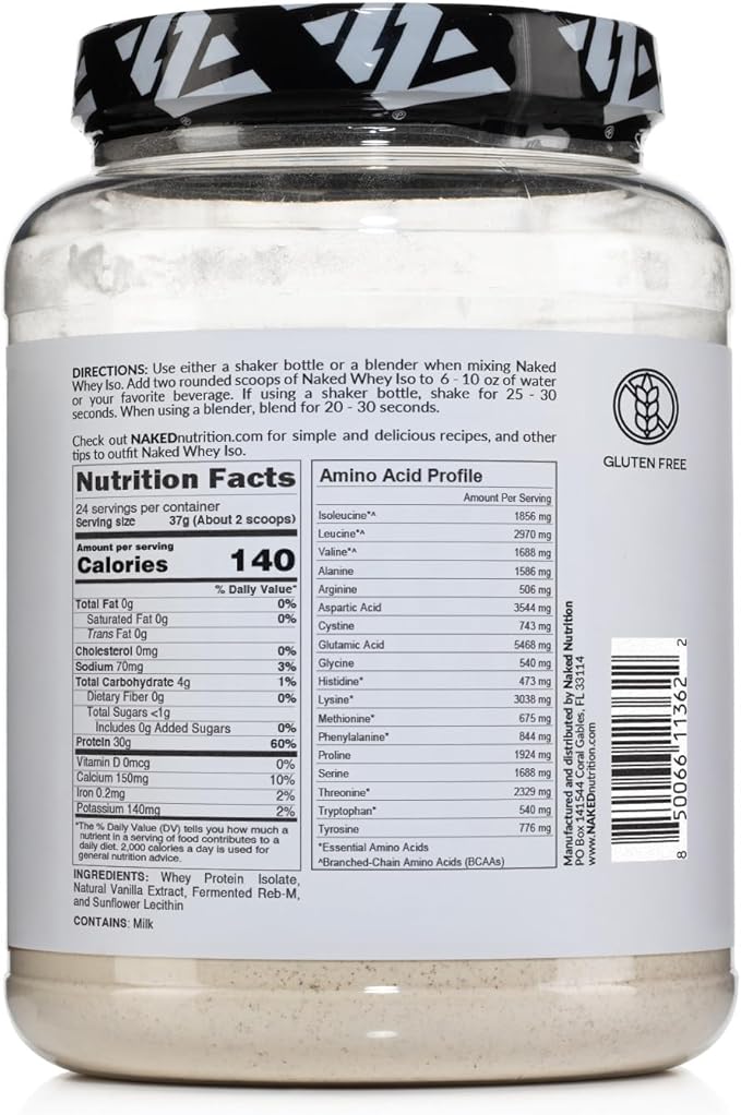 NAKED Vanilla Whey Isolate Protein - Only 4 Ingredients 30g Grass-Fed Protein Undenatured No GMO No Soy Gluten-Free No Preservatives - 24 Servings