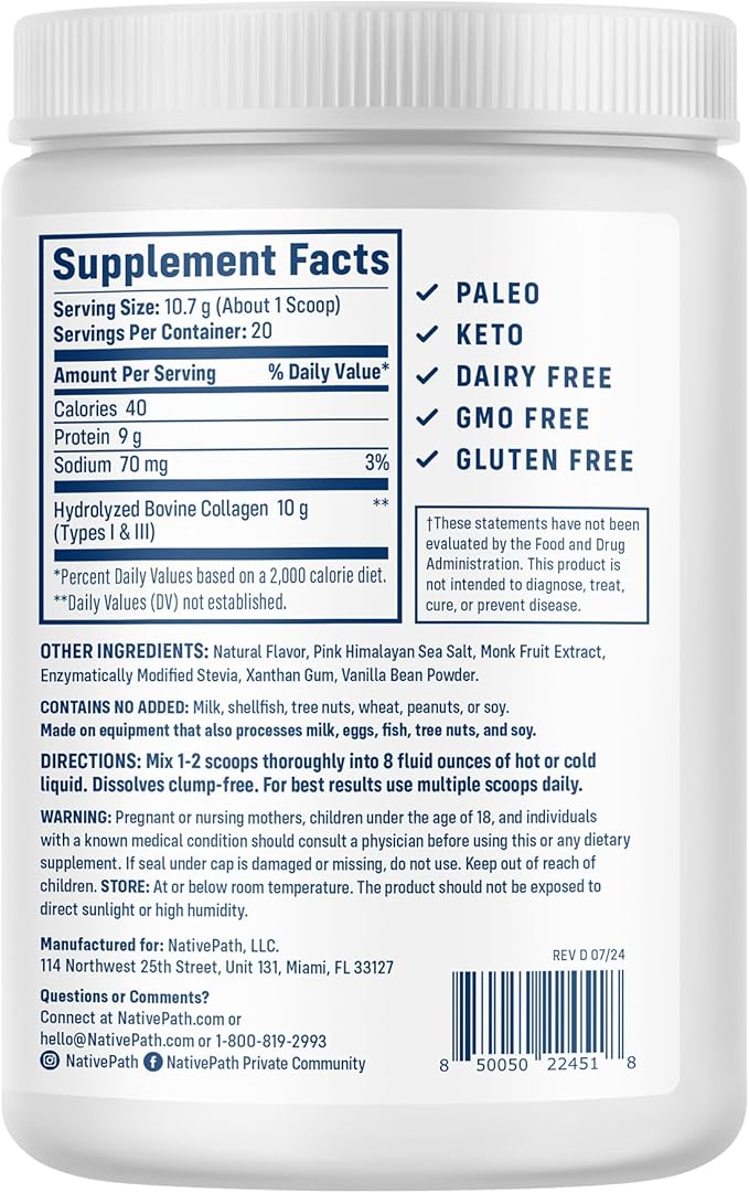 NativePath Collagen Peptides - Hydrolyzed Type 1 &amp 3 Collagen. Keto &amp Paleo Grass-Fed Protein Powder for Hair Skin Nails Bones Joints Digestion and More - No Gluten or Dairy (Vanilla Bean