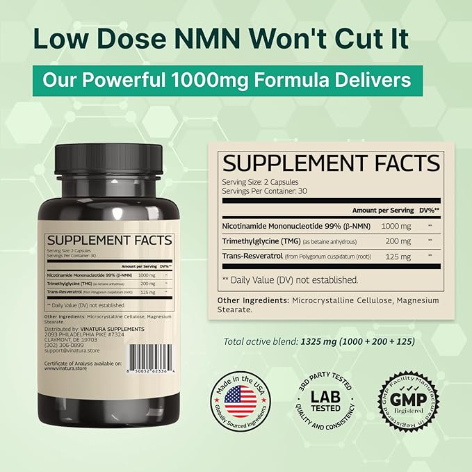 VINATURA NMN Complex Supplement 1325MG - NMN 1000mg with Resveratrol and TMG Support NAD+ 60 Capsules