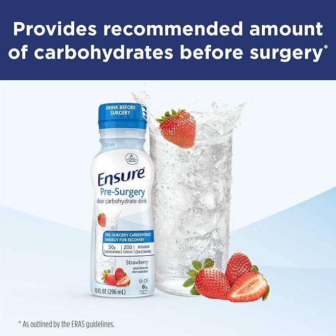 Ensure Liquid Clear Nutrition Drink 0g fat 8g of protein Blueberry Pomegranate &amp Ensure Pre-Surgery Clear Carbohydrate Drink Strawberry 10 Fl Oz (Pack of 4)